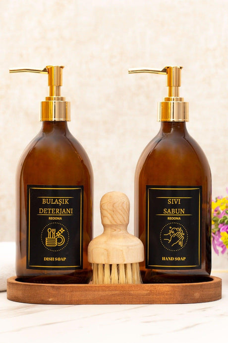 Oval Stand, Black Label, Gold Head Brushed Dishwashing Liquid Soap Amber Bottle Set - Swordslife