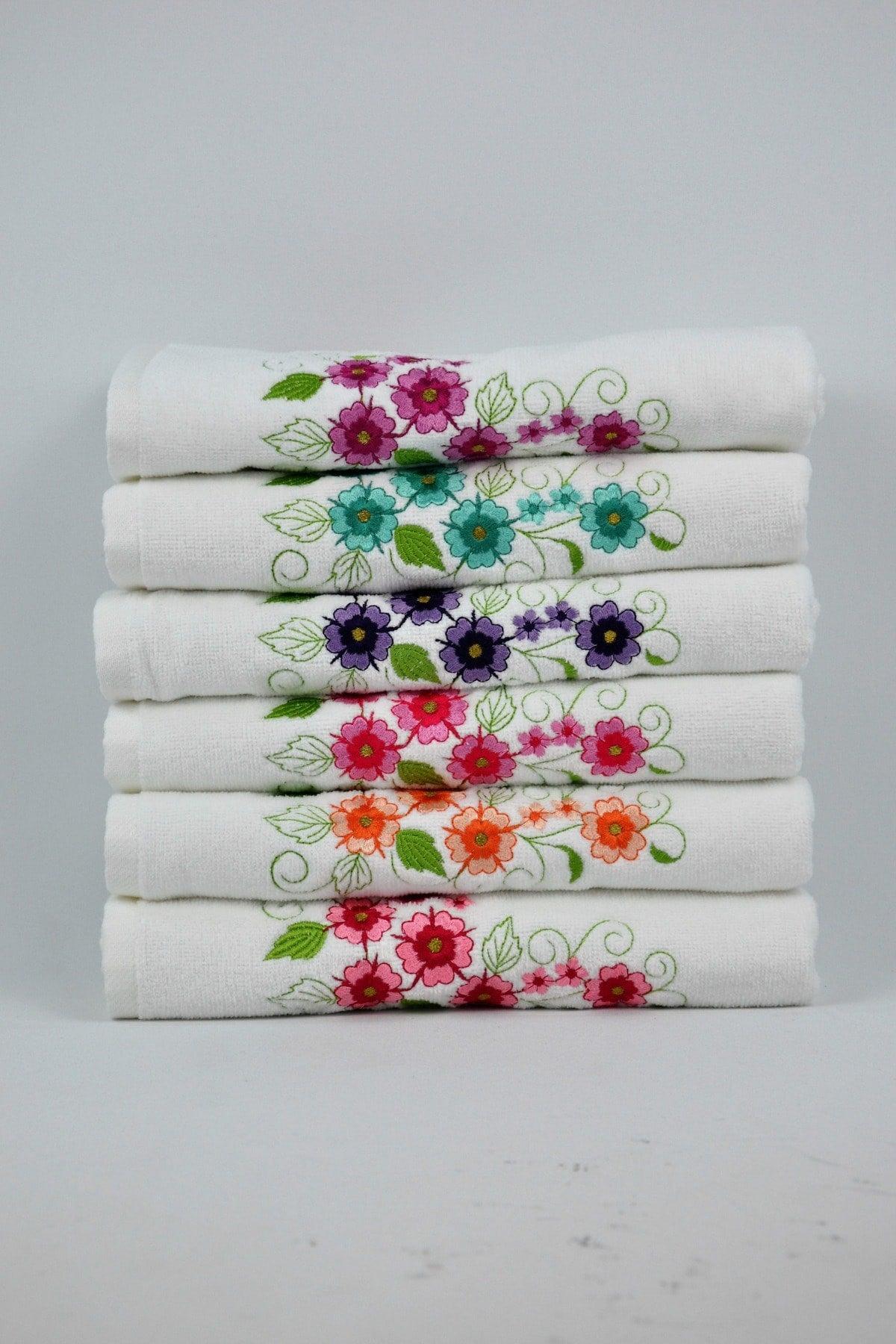 Hercai 6 Pcs Multicolored Velvet Embroidered Dowry/gift 50x90 Hand/Face Towel Cotton - Swordslife