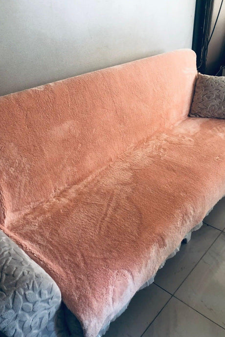 Pink Plush Sofa Bed And Seat Cover With Fringes 150x200 - Swordslife