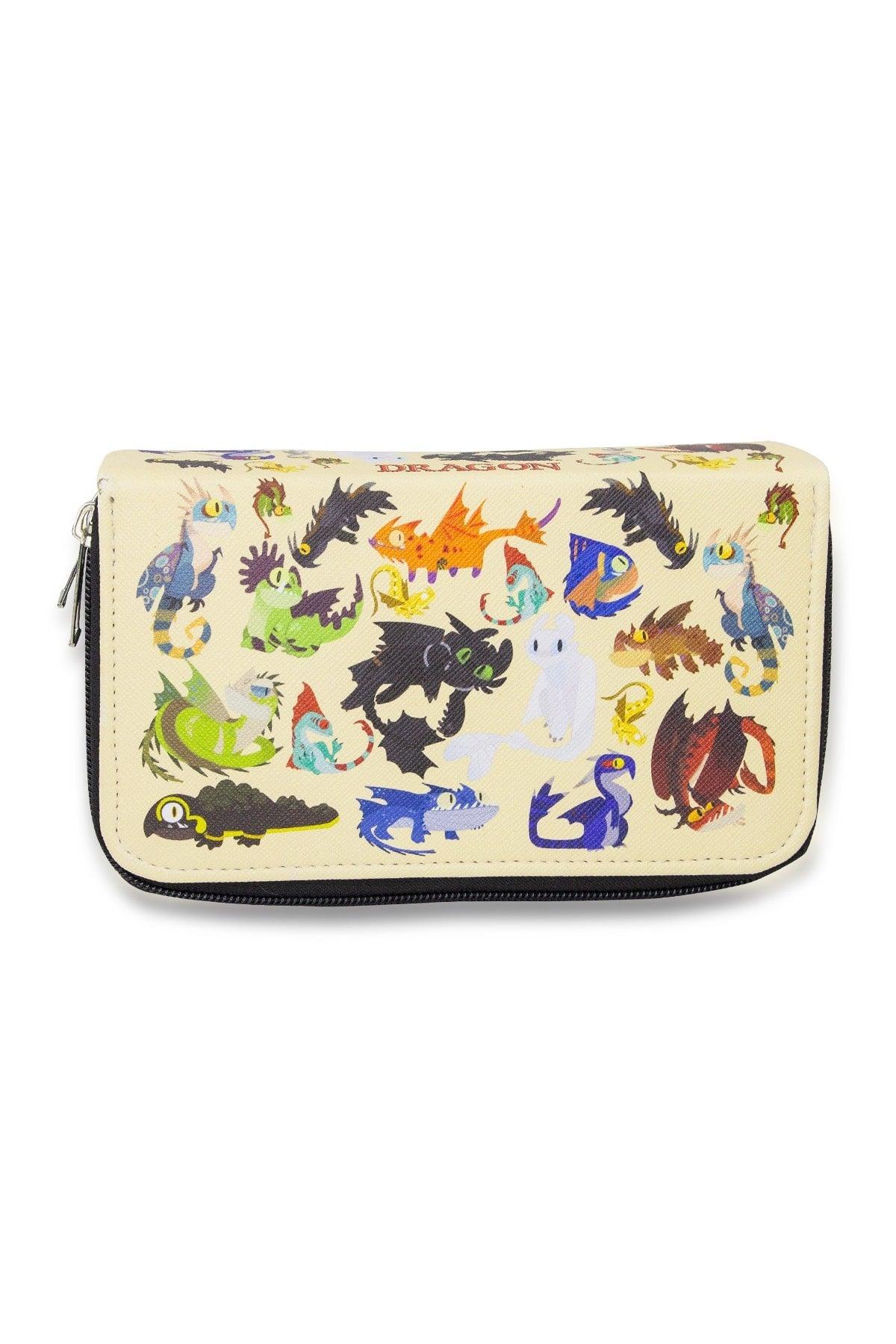 Pencil Case Dragon Three Compartment Vegan Leather