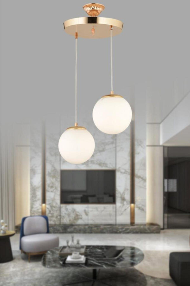 Pendant Lamp 2 Gold White Globe Glass Chandelier - Swordslife