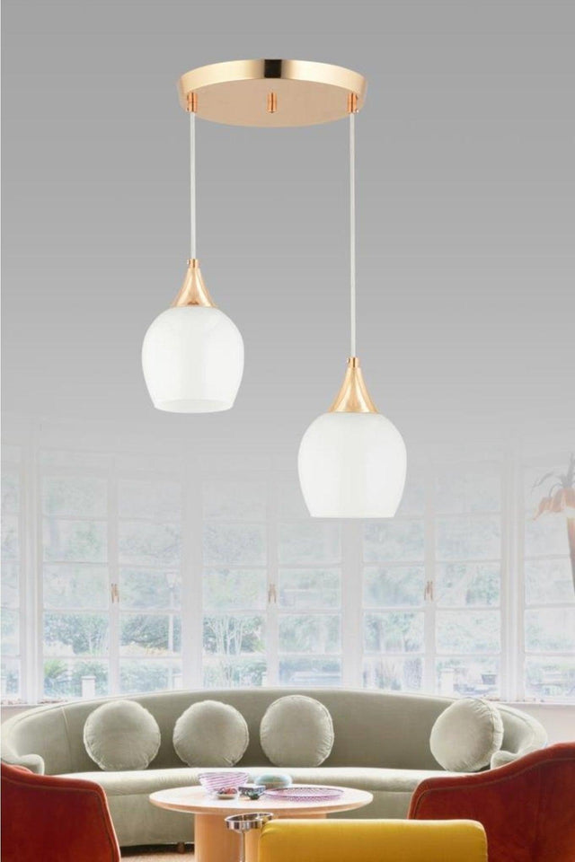 Pendant Lamp 2 Gold White Opaque Glass Chandelier - Swordslife