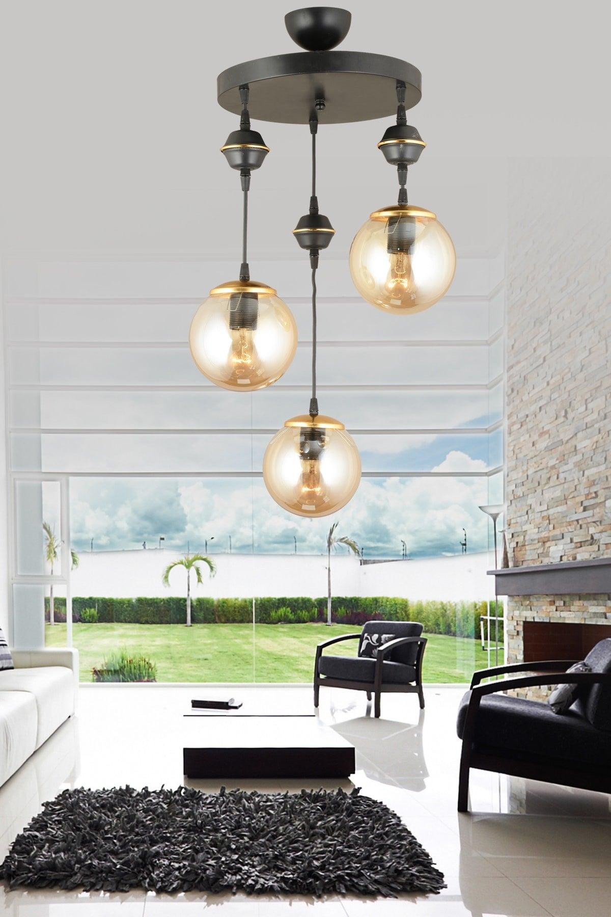 Luxurious Downward Facing Chandelier with Pendant Tray Black 3 Piece Honey Glop Glass - Swordslife