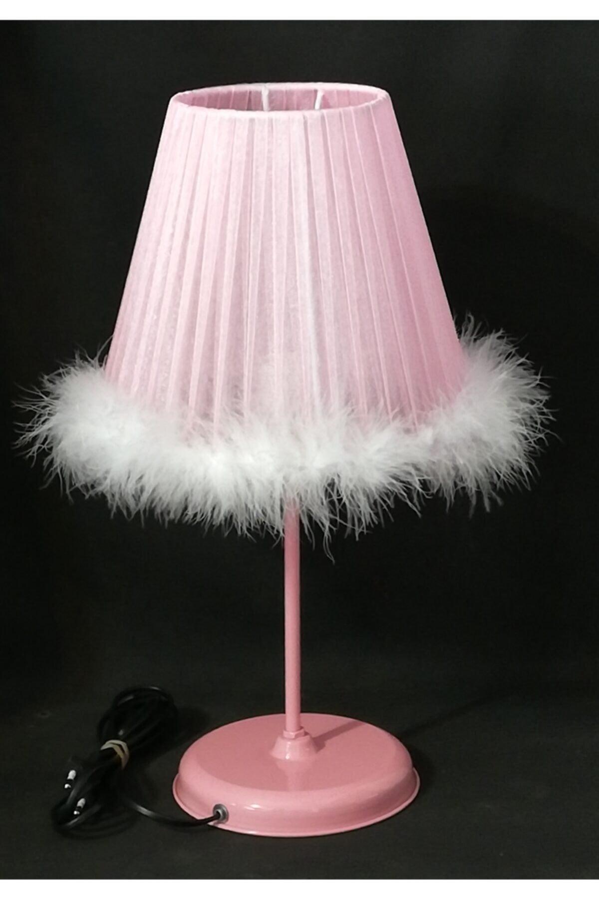 Pink Girl's Room Lampshade with White Feather Pink Metal Leg - Swordslife