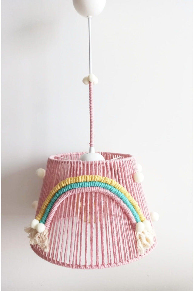 Pink Macrame Thread Wrapped Rainbow Appliqued Ecru Pompom Design Baby And Kids Room Chandelier - Swordslife