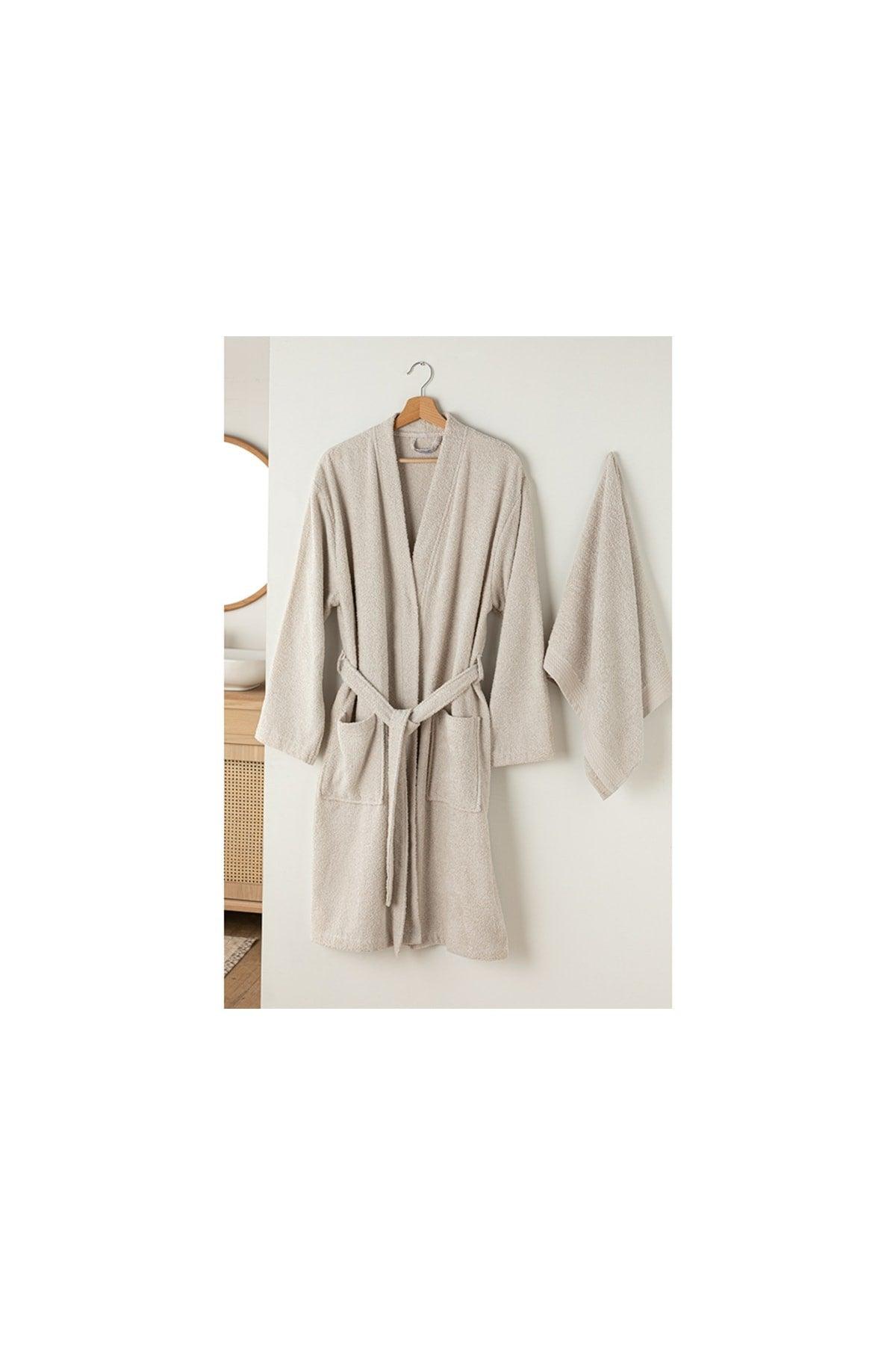 Plain Cotton Bathrobe Set Sm Light Beige - Swordslife