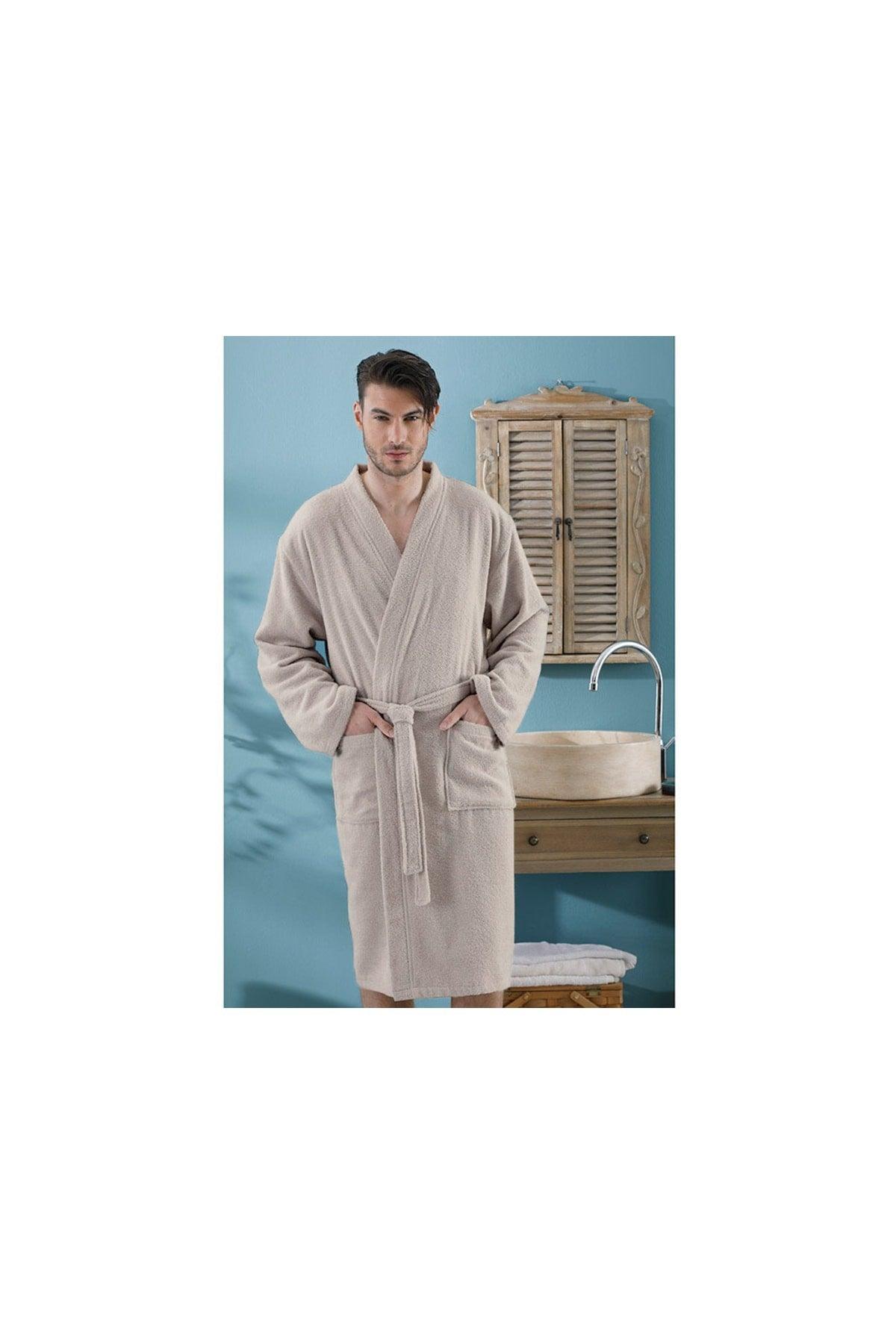 Plain Cotton Men's Bathrobe L-XL Light Beige - Swordslife