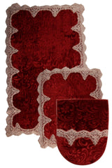 Plush Lux Cornered Claret Red 3 Piece Lacy Closet Set Dowry Bathroom Carpet Mat Set - Swordslife