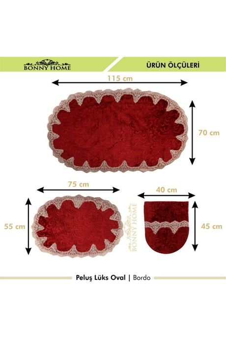 Plush Lux Oval Claret Red 3 Piece Lacy Closet Set Dowry Bathroom Carpet Mat Set - Swordslife