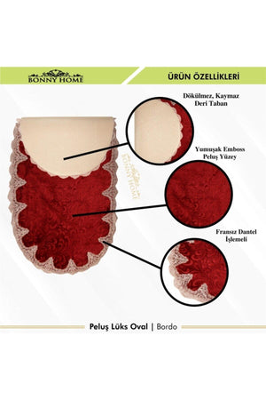 Plush Lux Oval Claret Red 3 Piece Lacy Closet Set Dowry Bathroom Carpet Mat Set - Swordslife