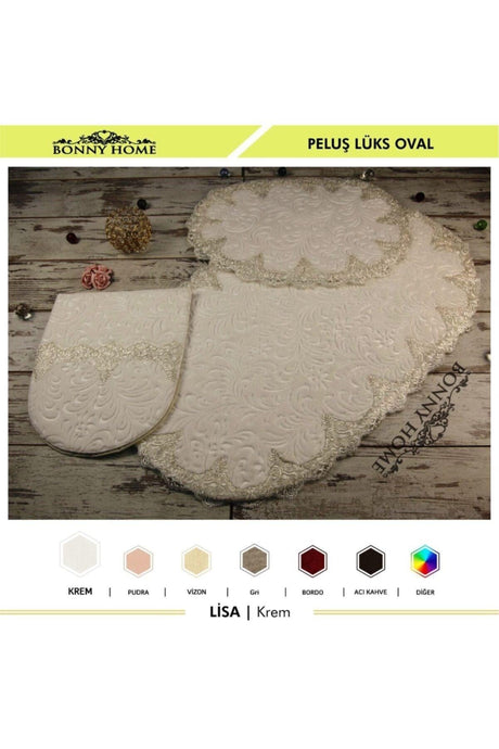 Plush Lux Oval Cream 3 Pcs Lacy Closet Set Dowry Bathroom Carpet Mat Set - Swordslife