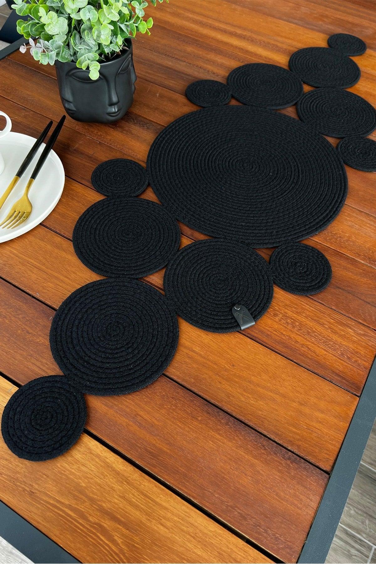 Pointy Black Washable Cotton Straw Rope Living Room Coffee Table Kitchen Table Cloth Runner - Swordslife