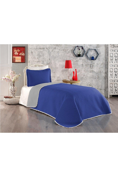 100% Cotton Single Bedspread ( Pique ) Set With Pompom Indigo/gray - Swordslife