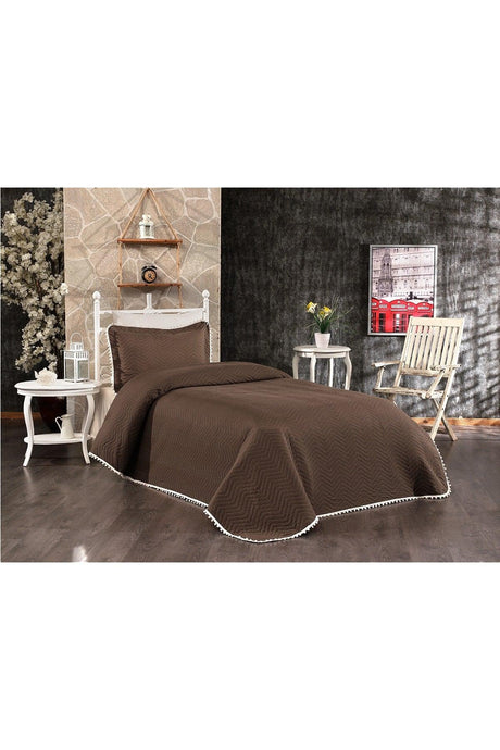 Pompom 100% Cotton Single Bedspread ( Pique ) Set Dark Brown - Swordslife