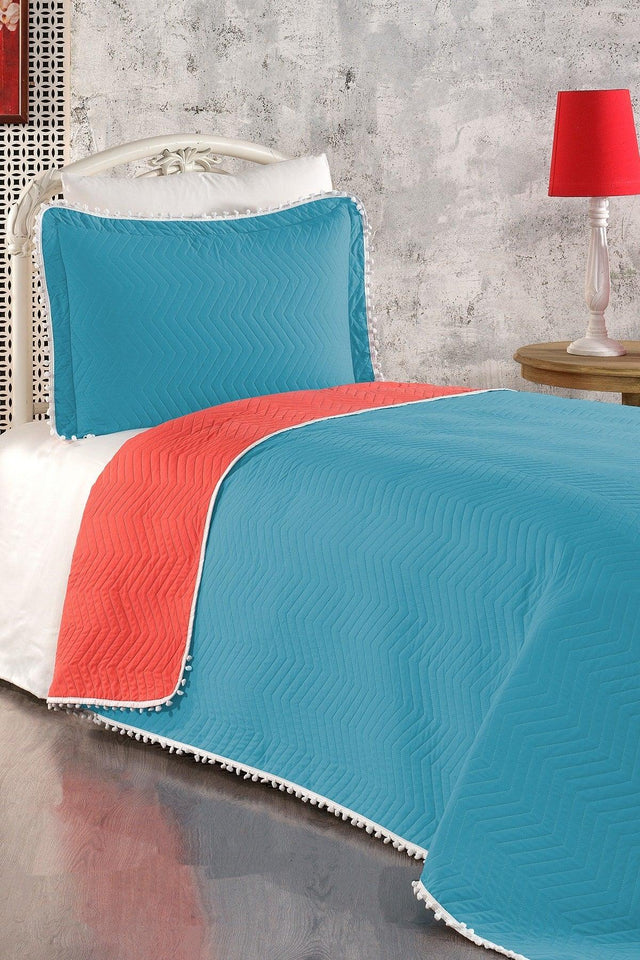 100% Cotton Single Bedspread with Pompom ( Pique ) Set Turquoise - Swordslife