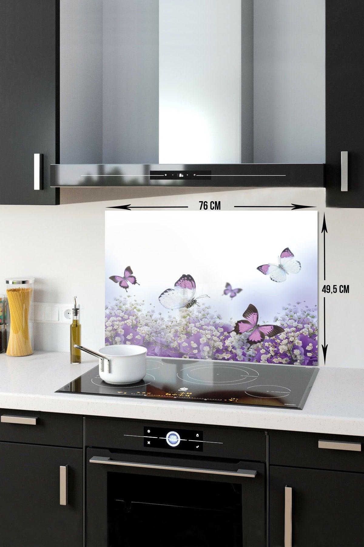 Purple Flowers And Butterflies | Glass Stove Back Protector | 49.5cm X 76cm - Swordslife