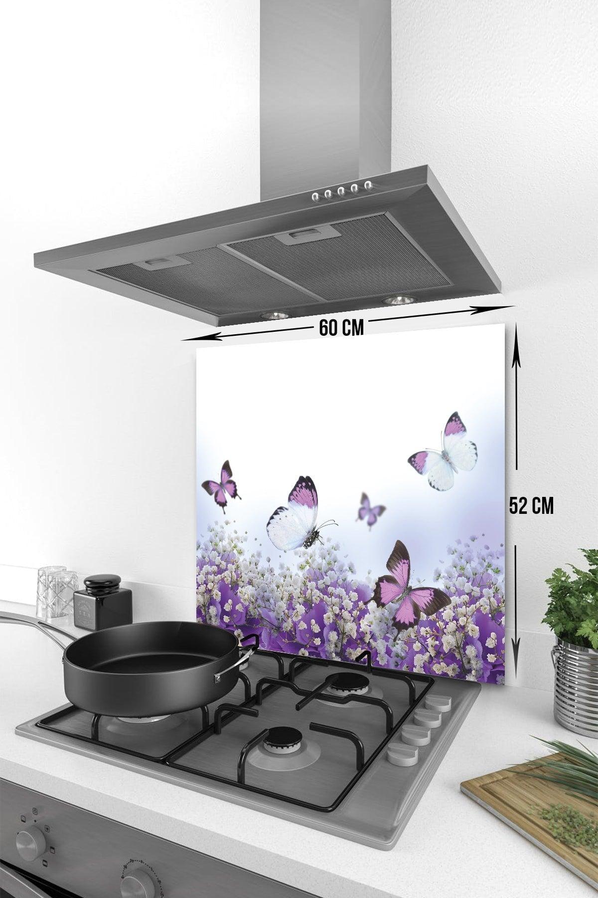 Purple Flowers And Butterflies | Glass Stove Back