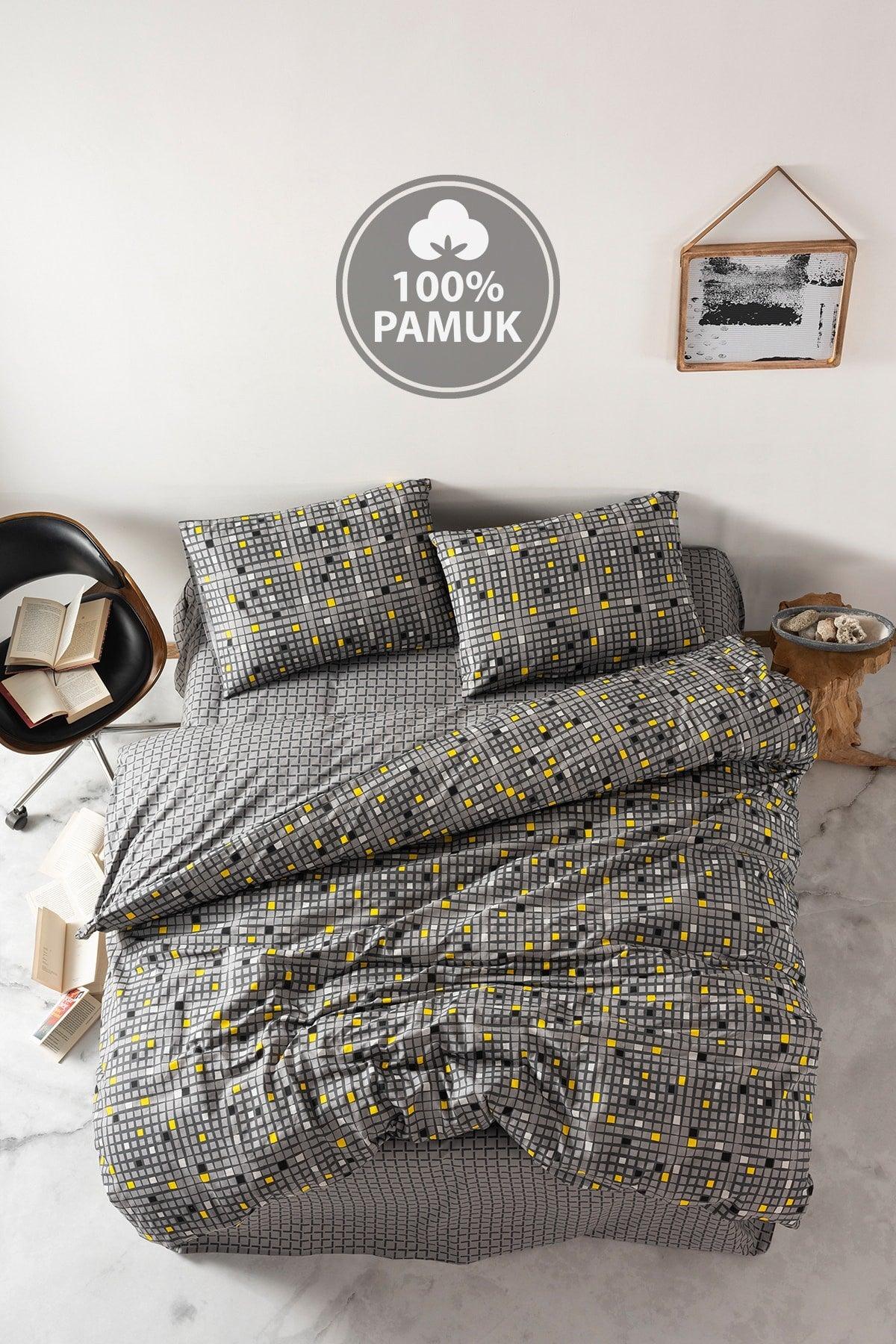 Ranforce Double Elastic Bed Linen Duvet Cover Set Checkers Yellow - Swordslife