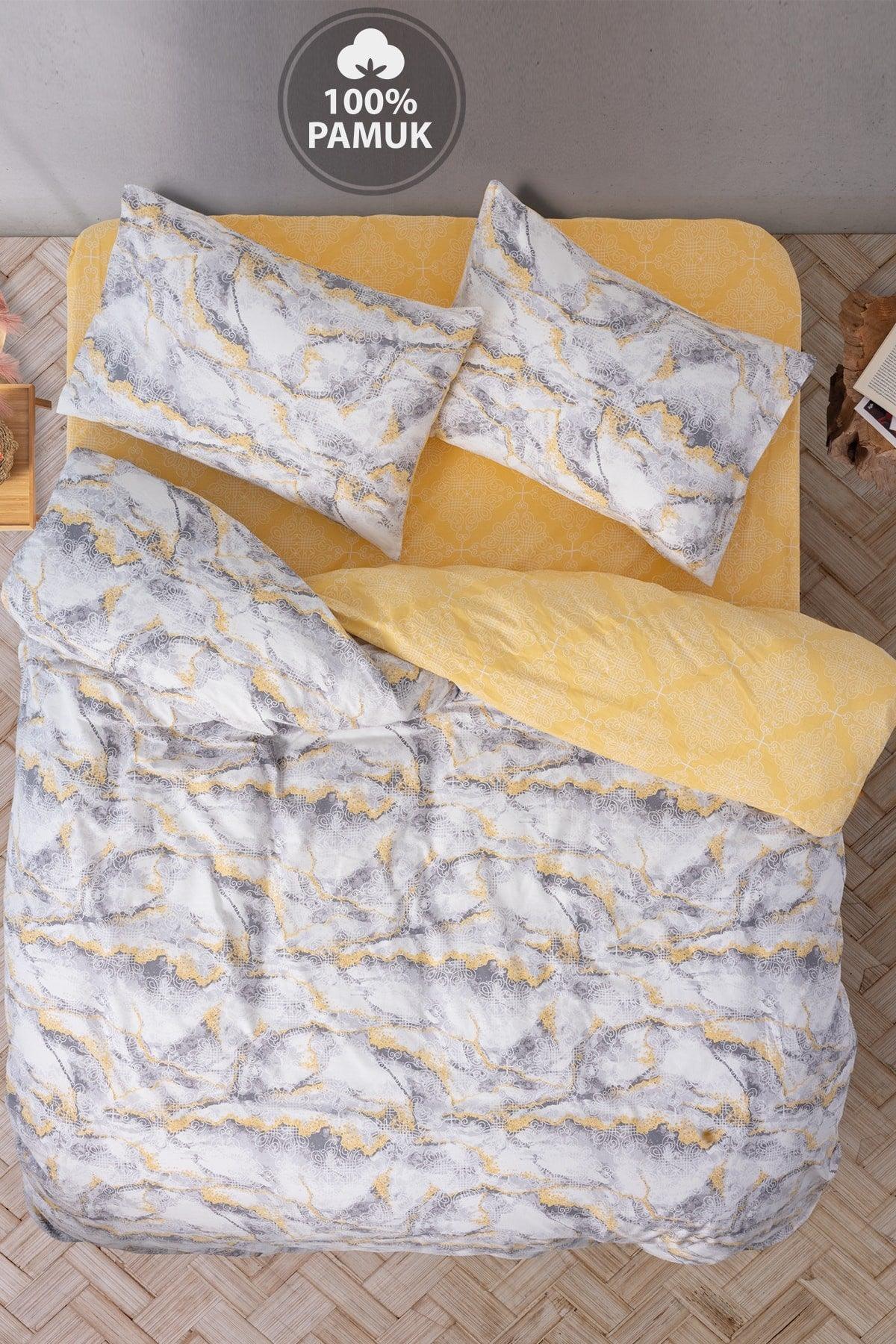 Ranforce Double Elastic Bed Linen Duvet Cover Set Marble Yellow - Swordslife