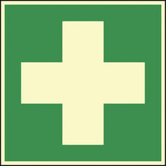 Rescue sign Emphasis - First aid 148x148mm green / white illuminated self-adhesive - Swordslife