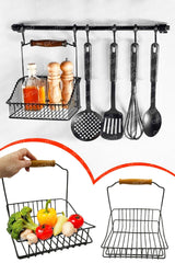 Retro Hanging Kitchen Basket Counter Top Wall Hanging Wooden Handle Organizer - Swordslife