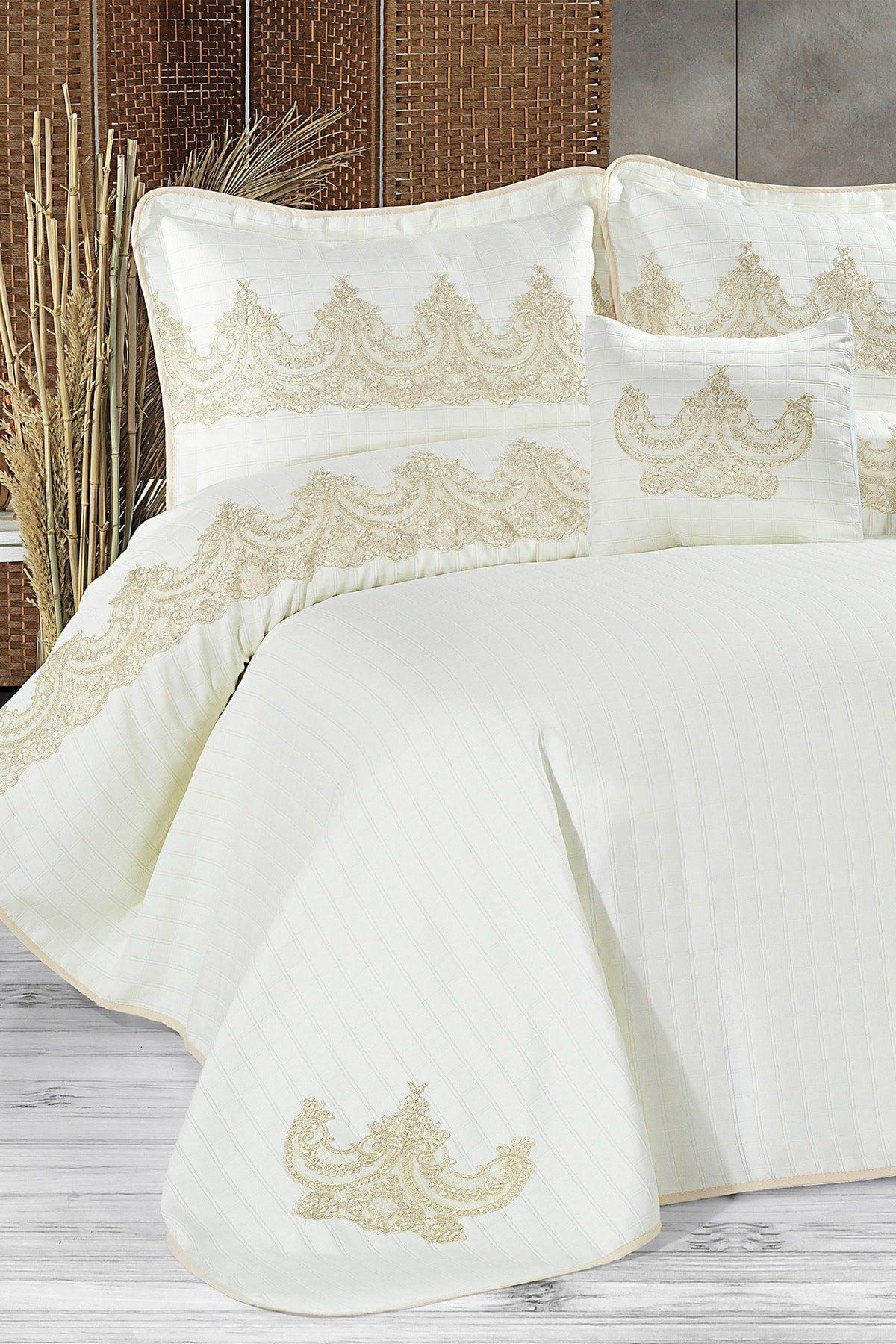 Romans French Lace Jacquard Bedspread Set Double (7 PIECES) Cream - Swordslife