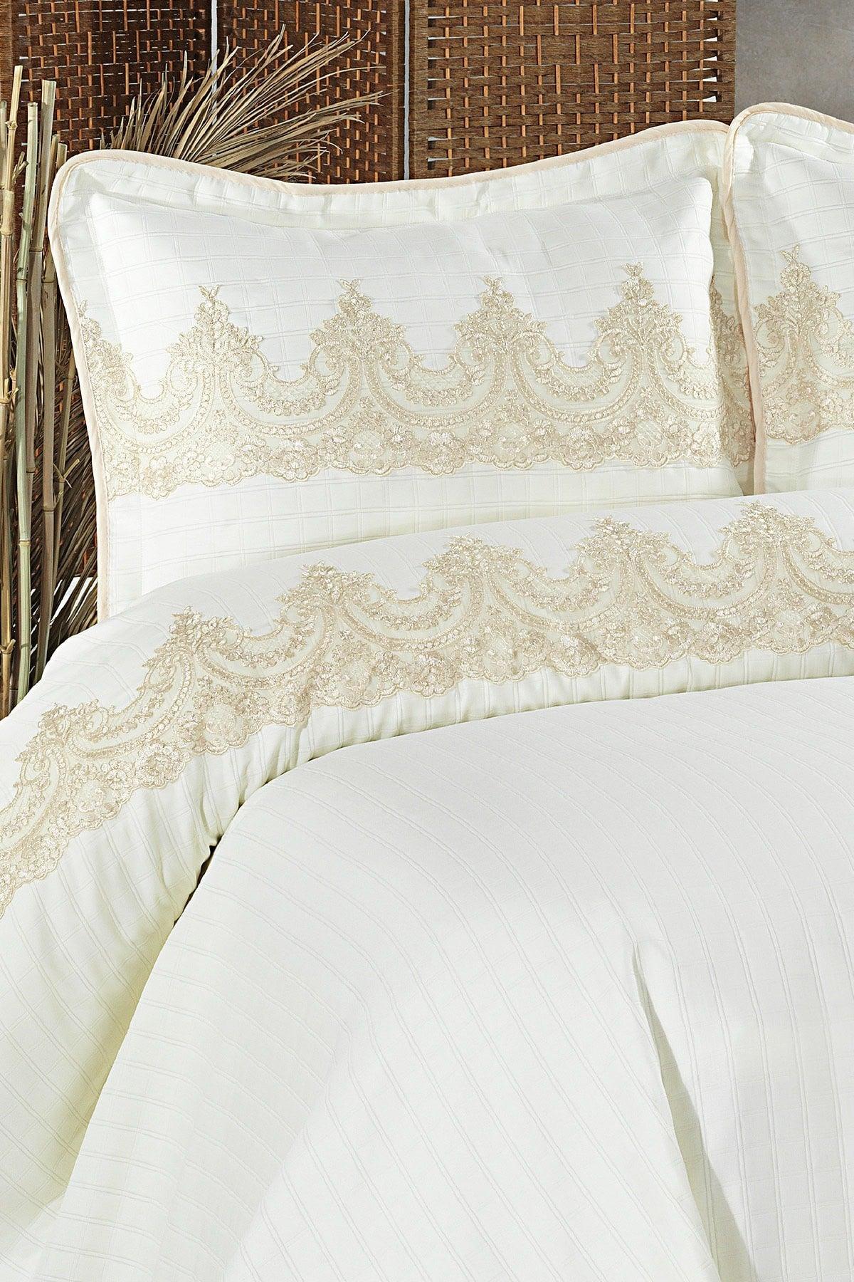 Romans French Lace Jacquard Bedspread Set Double (7 PIECES) Cream - Swordslife