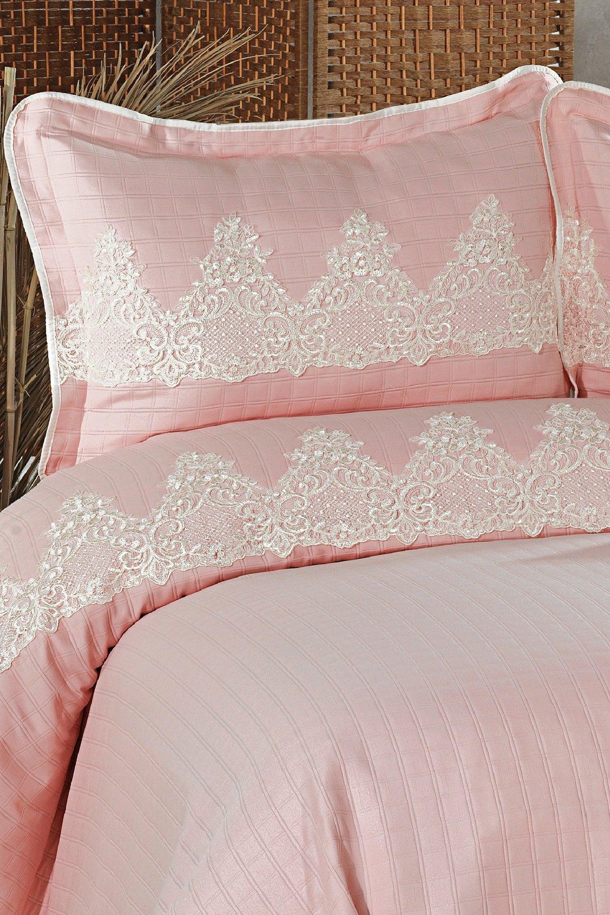 Romans French Lace Jacquard Bedspread Set Double (7 PIECES) Powder - Swordslife