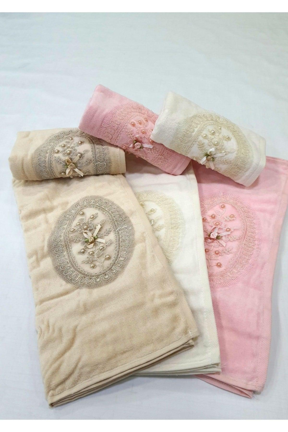 Rosenur Towel Set 6 Pieces Velvet Guipure Beaded 50x90 Dowry Gift Hand Face Towel 100% Cotton - Swordslife