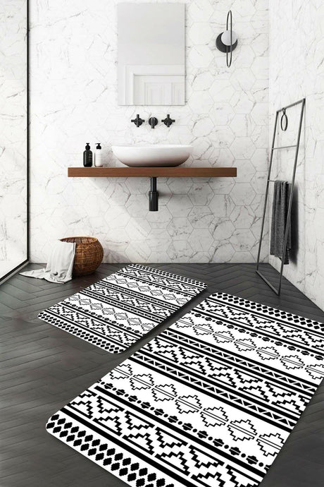 Kilim Motif Black and White Bath Mat