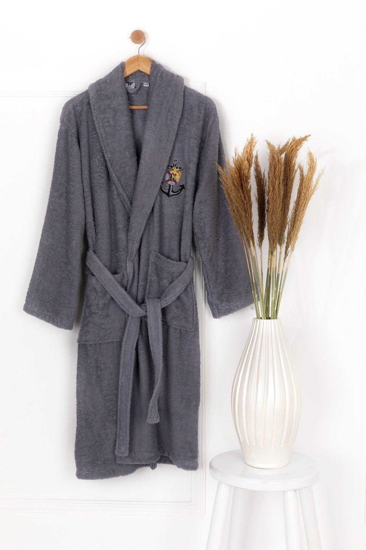 Salyaka Embroidered Bathrobe 100% Cotton Gray