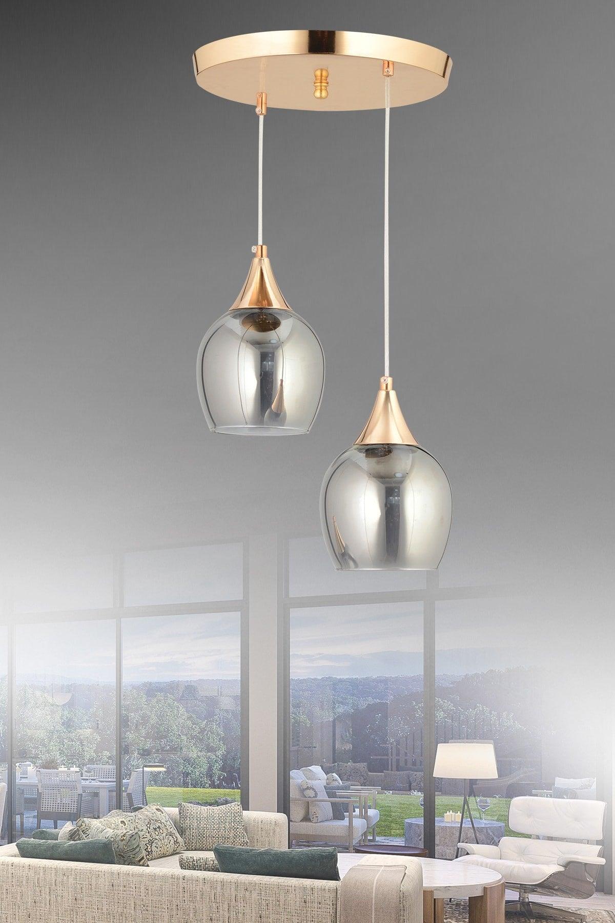 Sante 2 Pcs Gold Smoked Glass Modern Pendant Chandelier - Swordslife