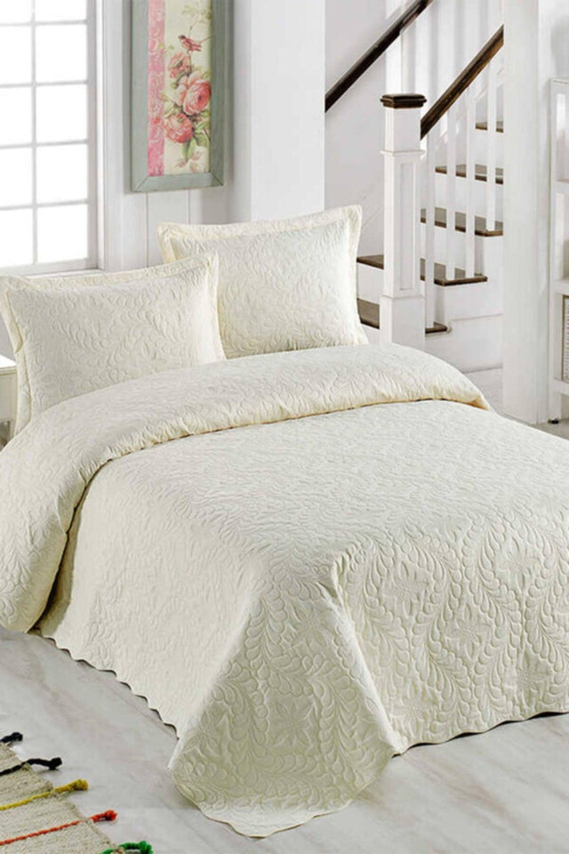 Sarmaşık Single Solid Color Bedspread Set - Ecru - Swordslife