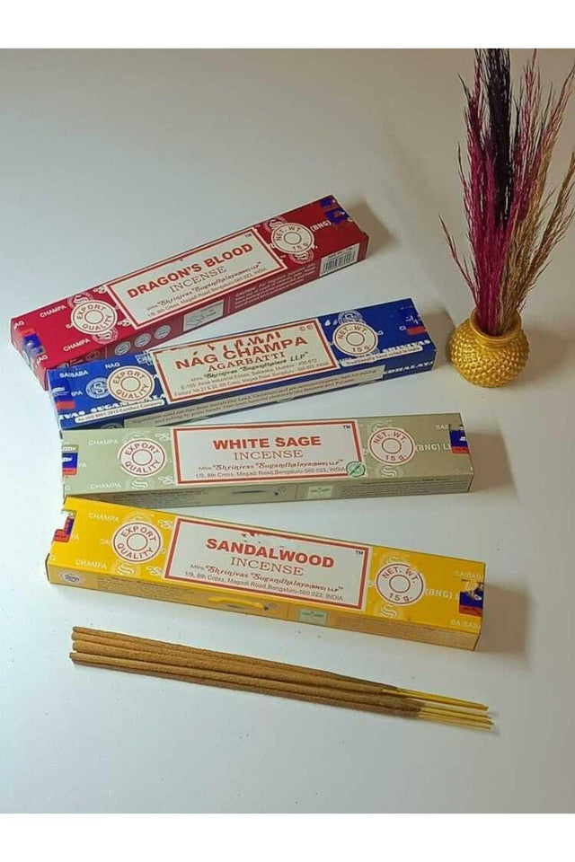 Satya Organic Incense Pack (nag Champa Agarbatti - Dragon's Blood - Sandalwood - White Sage ) - Swordslife