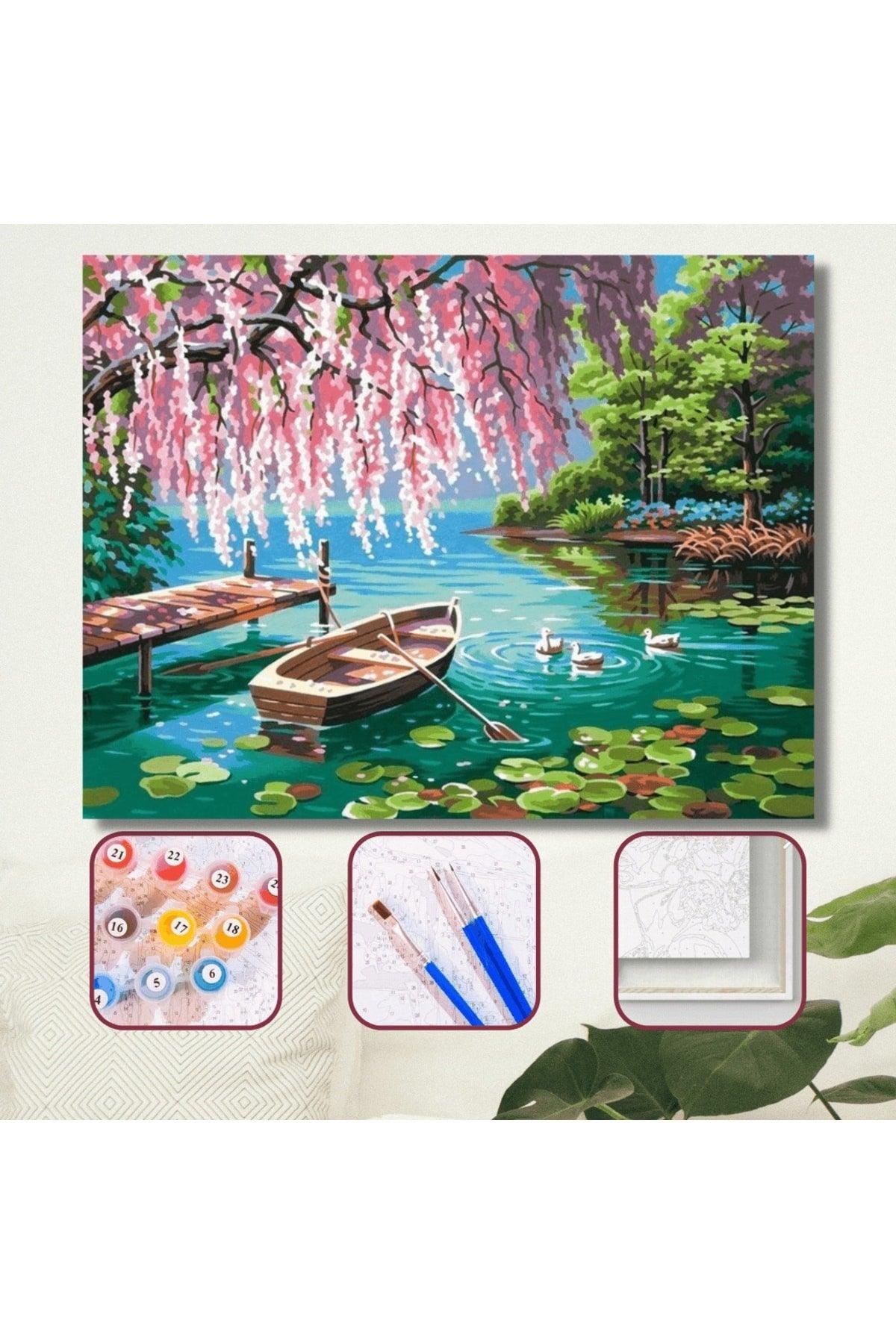 Color by Number Set Framed Pink Willow And Lake - Swordslife