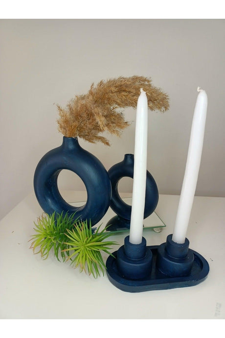 Set Navy 2 Li Bohem Vase 2 Stk Kerzenhalter 1 Stk Kerzenhalter Platte - Swordslife