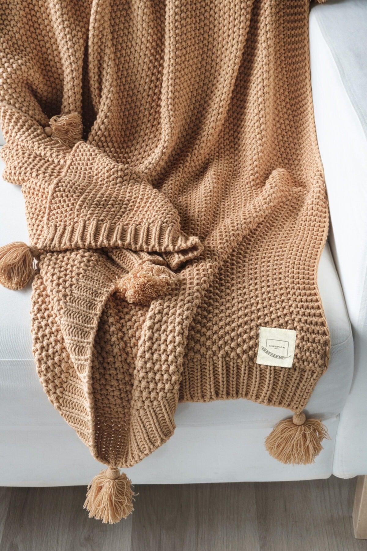 Valentine's Day Gift Coco Rice Knitted Pompom Knitwear TV Blanket Throw Camel - Swordslife