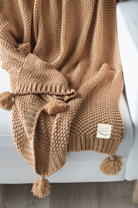 Valentine's Day Gift Coco Rice Knitted Pompom Knitwear TV Blanket Throw Camel - Swordslife