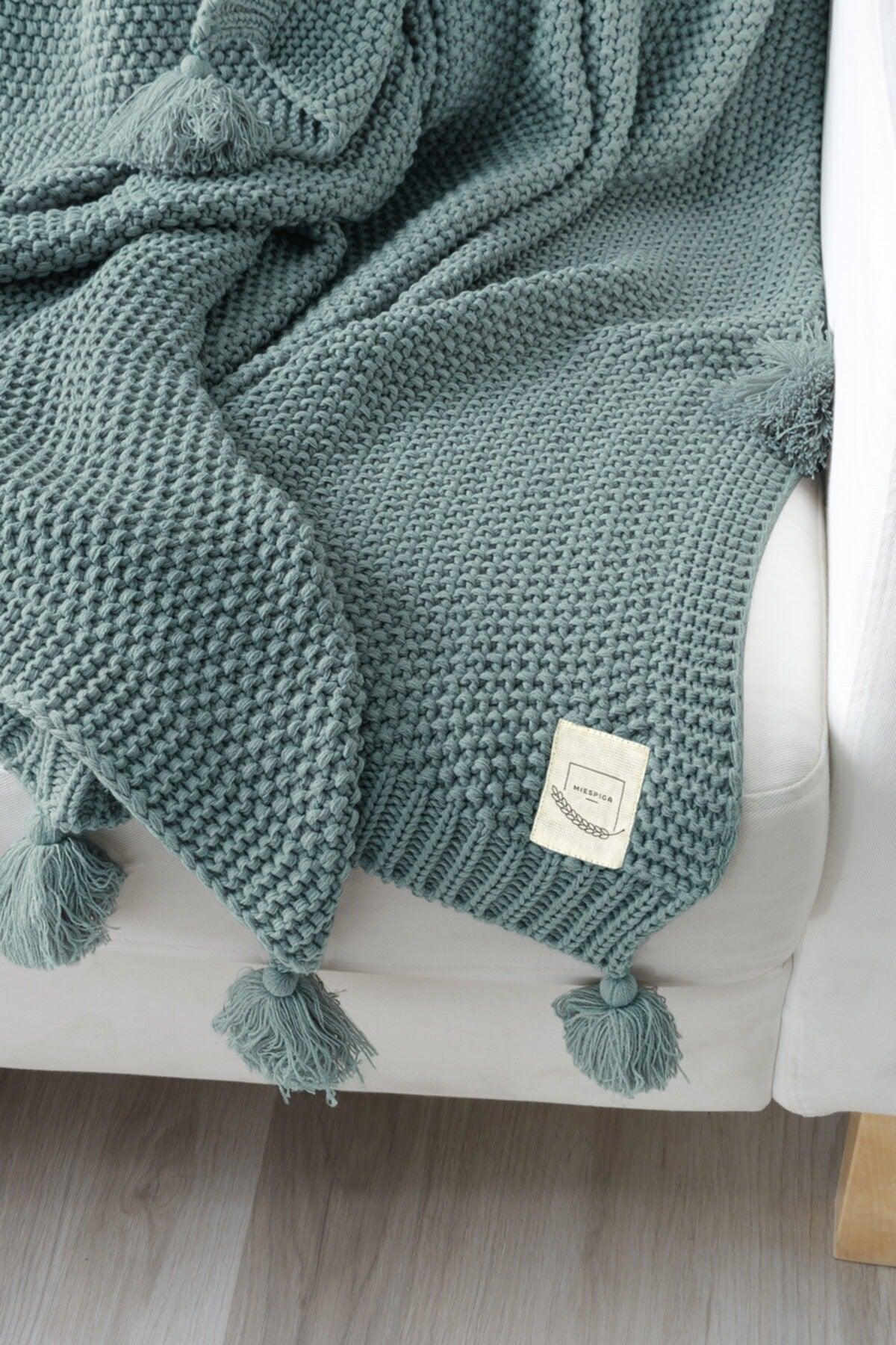 Valentine's Day Gift Coco Rice Knitted Pompom Knitwear TV Blanket Throw Sea Green - Swordslife