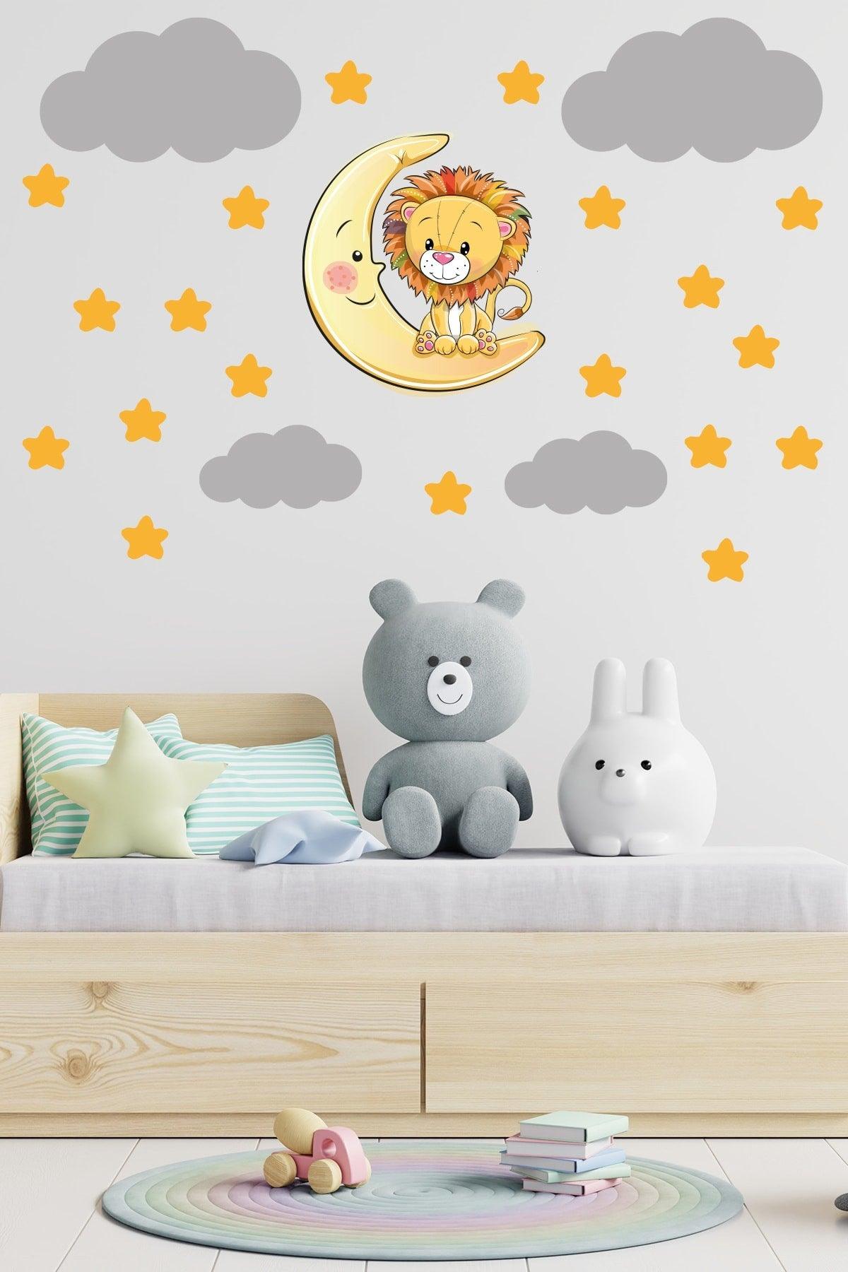 Cute Lion Yellow Stars And Gray Clouds Decorative Baby Kids Room Wall Sticker - Swordslife