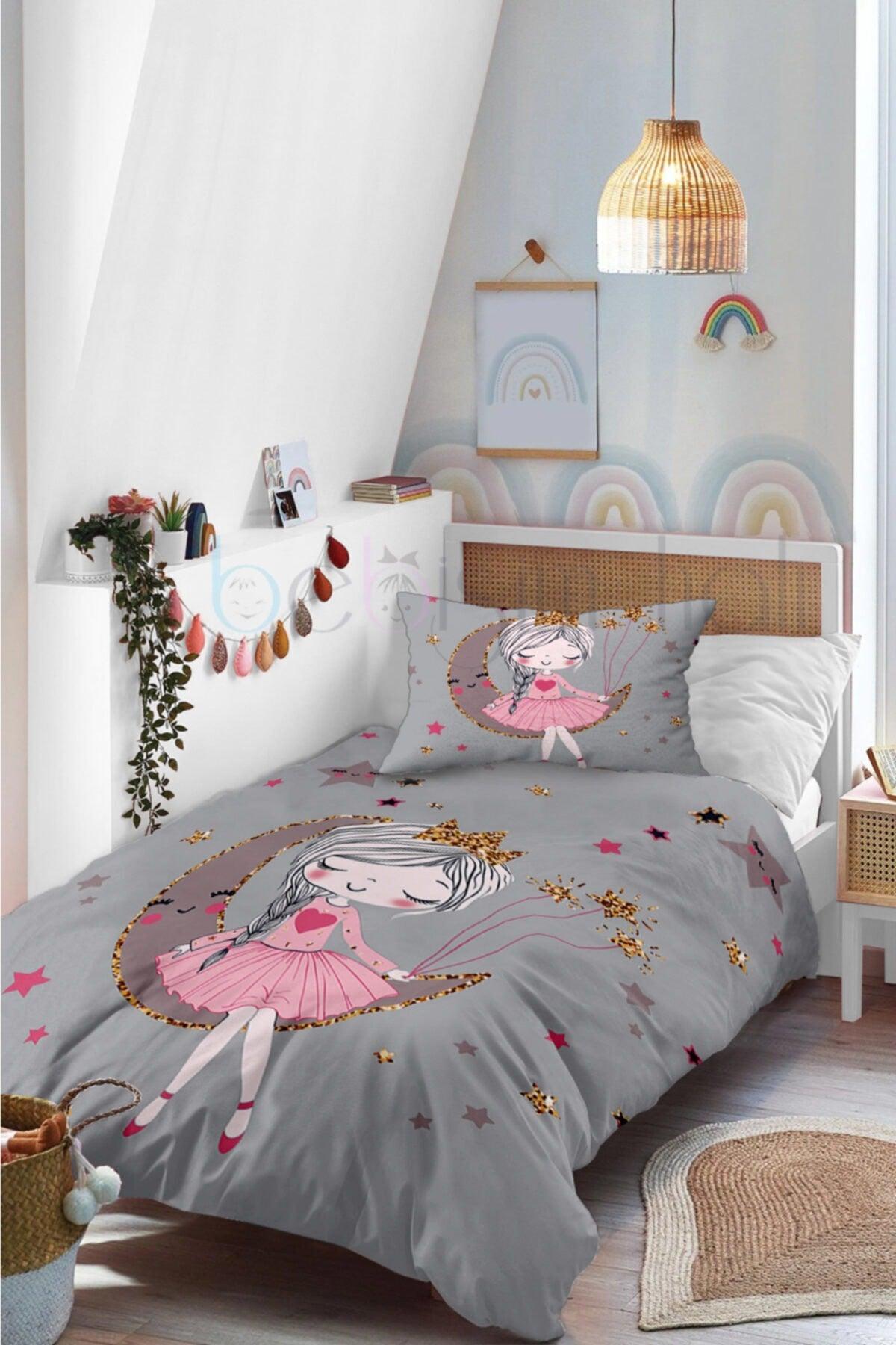 Cute Princess Girl Sitting on the Moon Patterned Single Baby Kids Duvet Cover Set - Swordslife