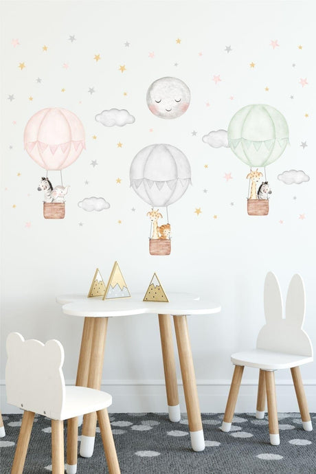 Cute Animal Pink Gray Mint Flying Balloons Kids Room Wall Sticker Set - Swordslife