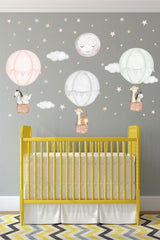 Cute Animal Pink Gray Mint Flying Balloons Kids Room Wall Sticker Set - Swordslife