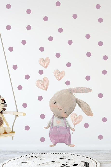 Cute Heart Bunny in Pink Jumpsuit Wall Sticker Set - Swordslife