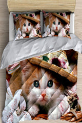 Cute Hat Cat 3d Patterned Double Microfiber Quilt Sleeping Set - Swordslife