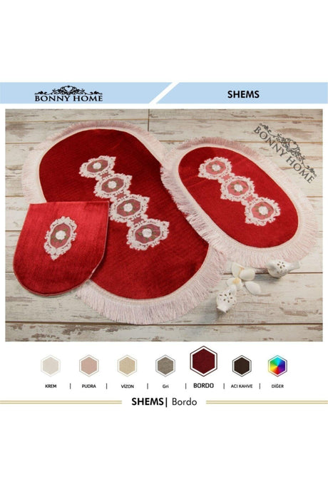 Shems Claret Red 3 Piece Lacy And Fringed Closet Set Bathroom Carpet Mat Set - Swordslife