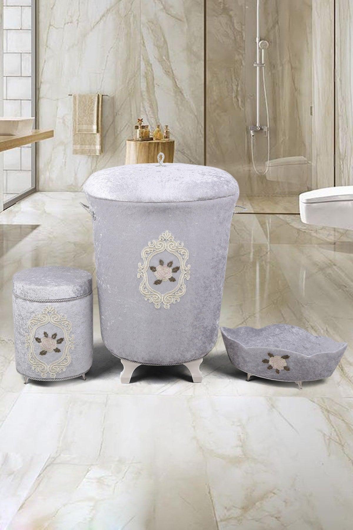 Shems Gray 3 Piece Velvet Dowry Lacy Bathroom Dirty Laundry Basket Set - Swordslife