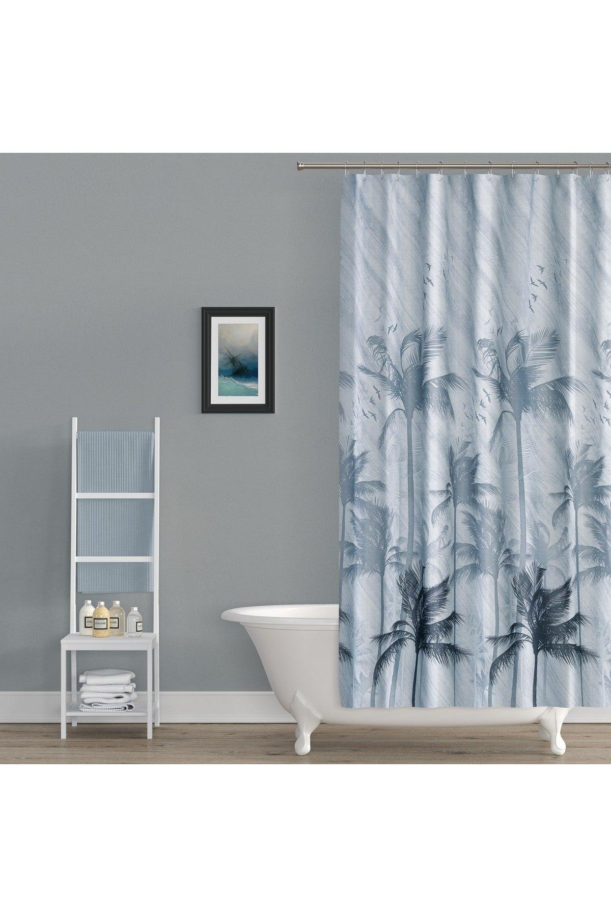 Shower Curtain-palm Pattern Bathroom Curtain, 180x200cm Single Wing Shower Curtain 12 Pieces C Ring Gift - Swordslife