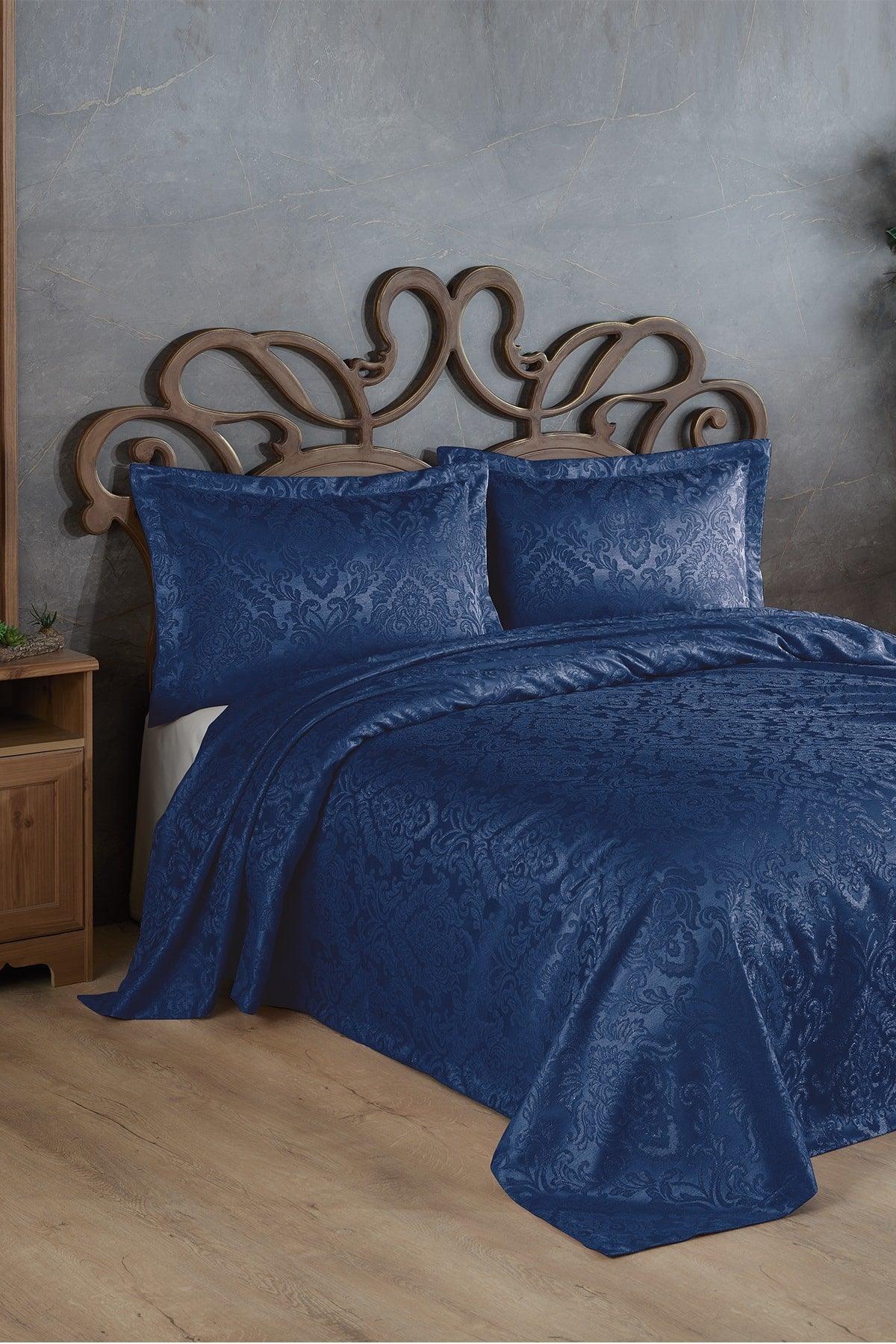 Sierra Jacquard Chenille Double Bedspread (navy blue) - Swordslife