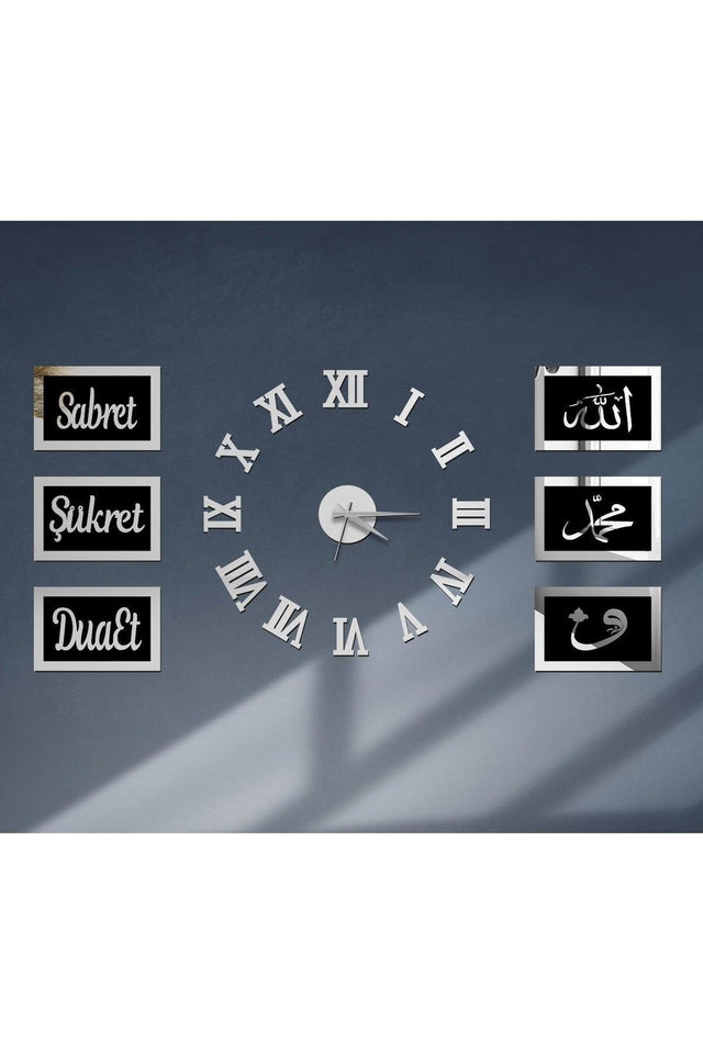 Silver Mirrored Plexiglass Clock And Black Background Silver Frame 6-Piece Patience, Gratitude, Pray Set Wall Board - Swordslife